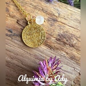 Gold White Medallion Necklace with Intricate Detailing Saint Benedict selenite